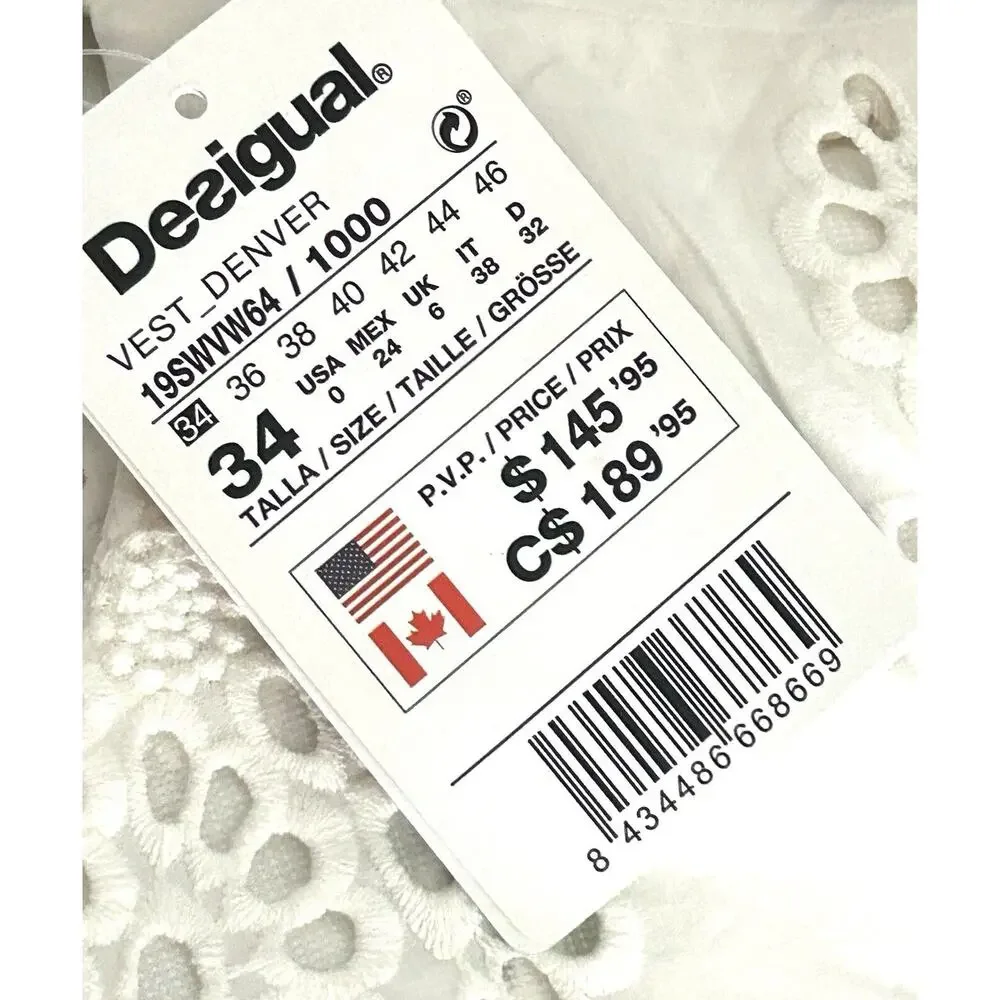 Desigual White Eyelet Sheath Dress Size 0 EU 34 XS Floral Design Vest Denver - Picture 8 of 8